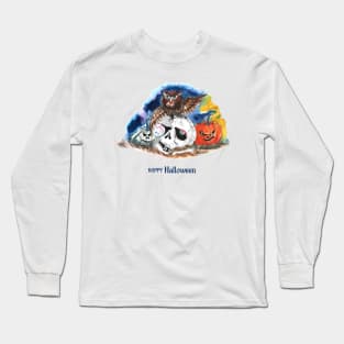 Happy Halloween Owl Skull Long Sleeve T-Shirt